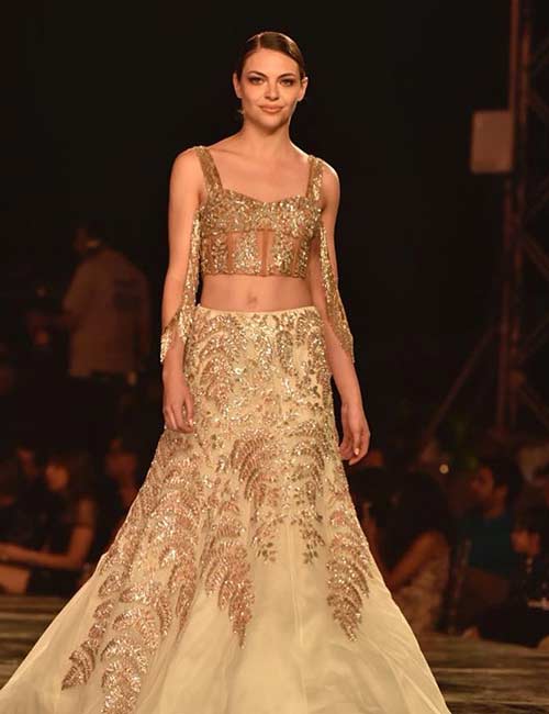 6. Crop Top Style Blouse And Golden Tulle Lehenga Skirt
