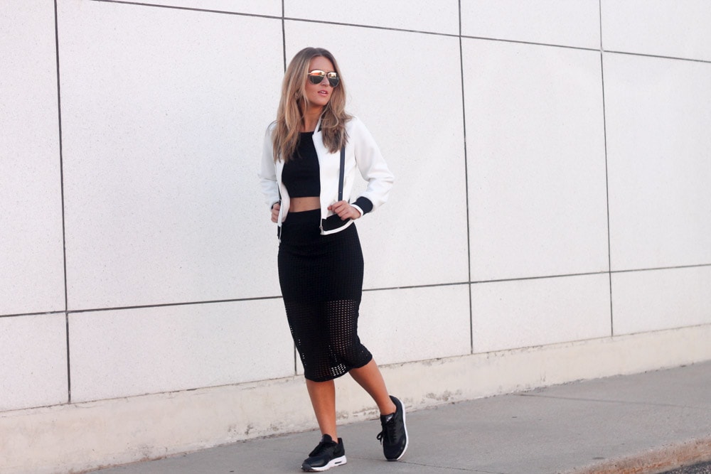 pencil skirt with bomber jacket min