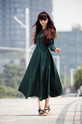 D0093 new women s fashion Dark green linen long dress Size XS 5XL Drop shipping support