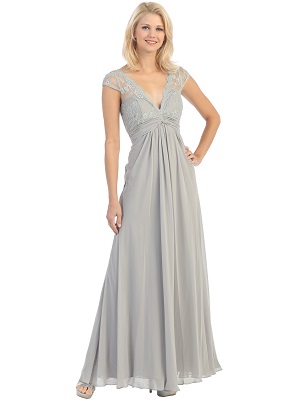 E2383 silver lace top plunge neckline evening dress l