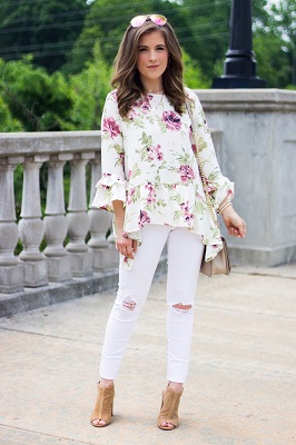 The Dainty Darling Floral Gibson Ruffle Top White Jeans Cut Out Booties Spring Summer Outfit1