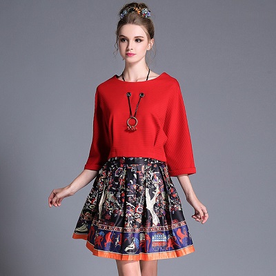 Women Elegant Style Autumn Two Piece Dress Red Crop Top And Printed Skirt Set Plus Size.jpg 640x640