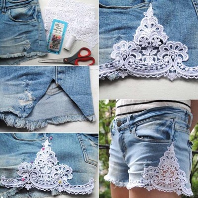 fabartdiy Refashion Shorts from Old Jean with Side Lace Trim