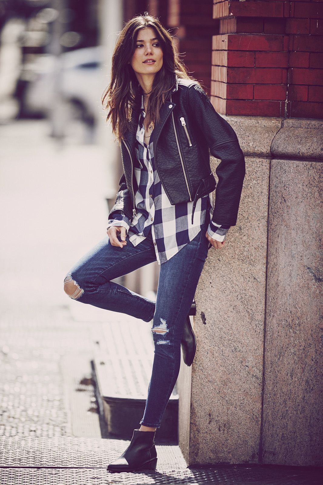 leather jacket with flannel shirt min