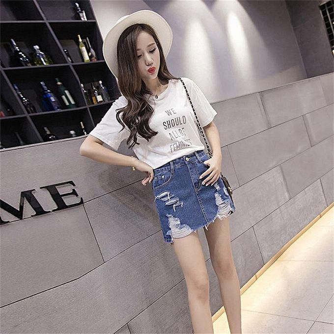 t shirt with jean skirt min