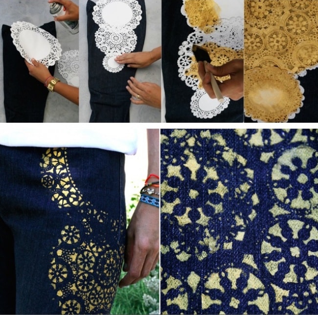 Decorate your jeans with a nice pattern using a stencil and spray paint. min