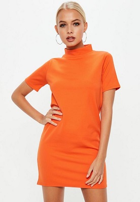 orange high neck scuba shift dress
