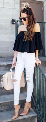 peBlack Off Shoulder Top With White Ripd Jeans And A Faun Bag Gives A Simple And Sober Look. 1