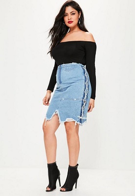 plus size blue lace up side denim midi skirt