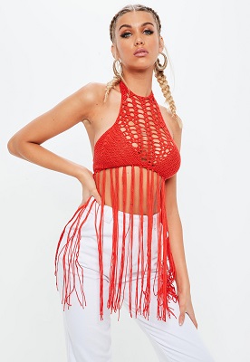 red fringe halterneck knitted crop top